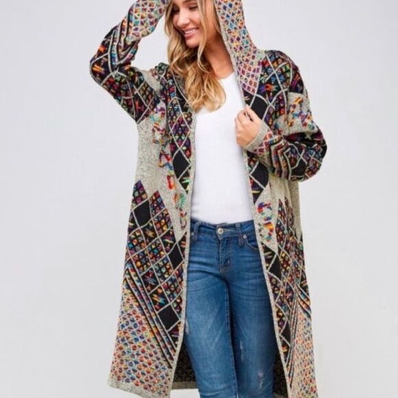 Northern Angel Anthropologie Long Cardigan Boho Duster Aztec Print Sweater S/M - Picture 2 of 11